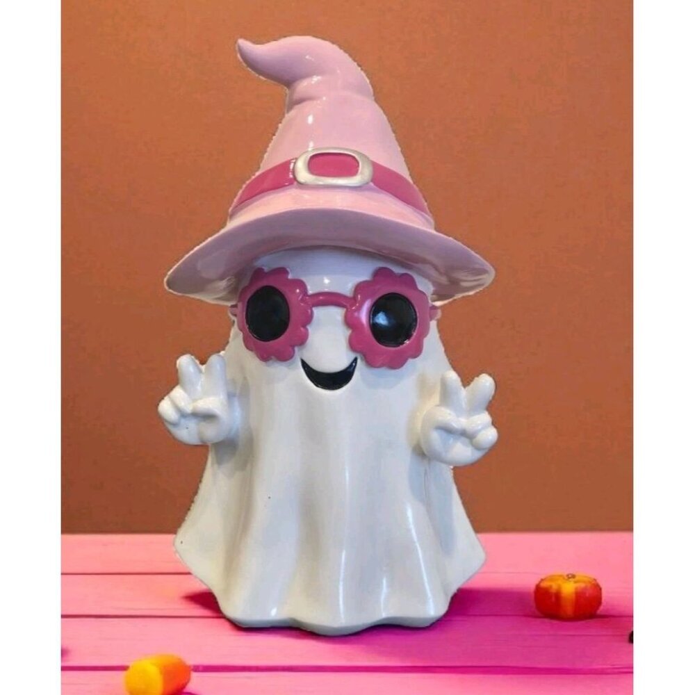 New Ghost Figurine Pink Witch Hat Sunglasses Peace Sign Halloween Spooky Decor